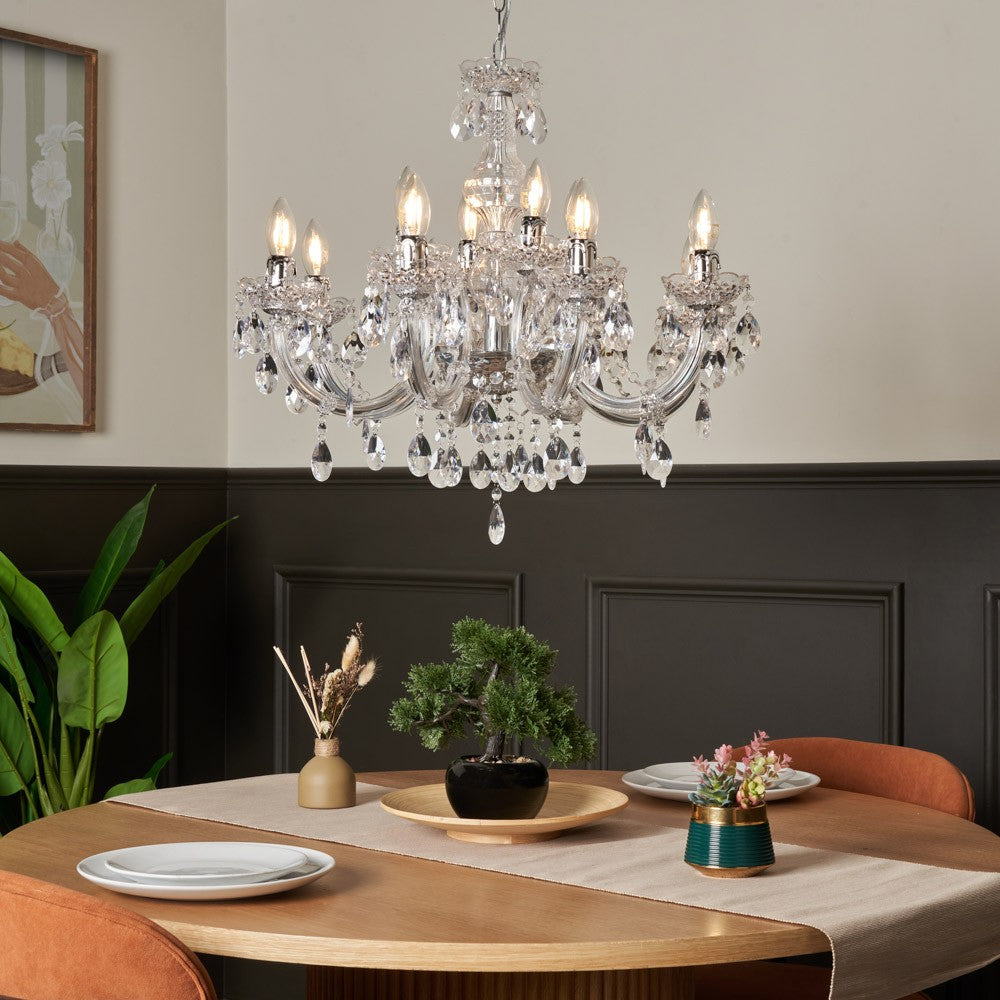 Maison Ornate Art Deco crystal chandelier with chrome arms, featuring intricate detailing and elegant craftsmanship.