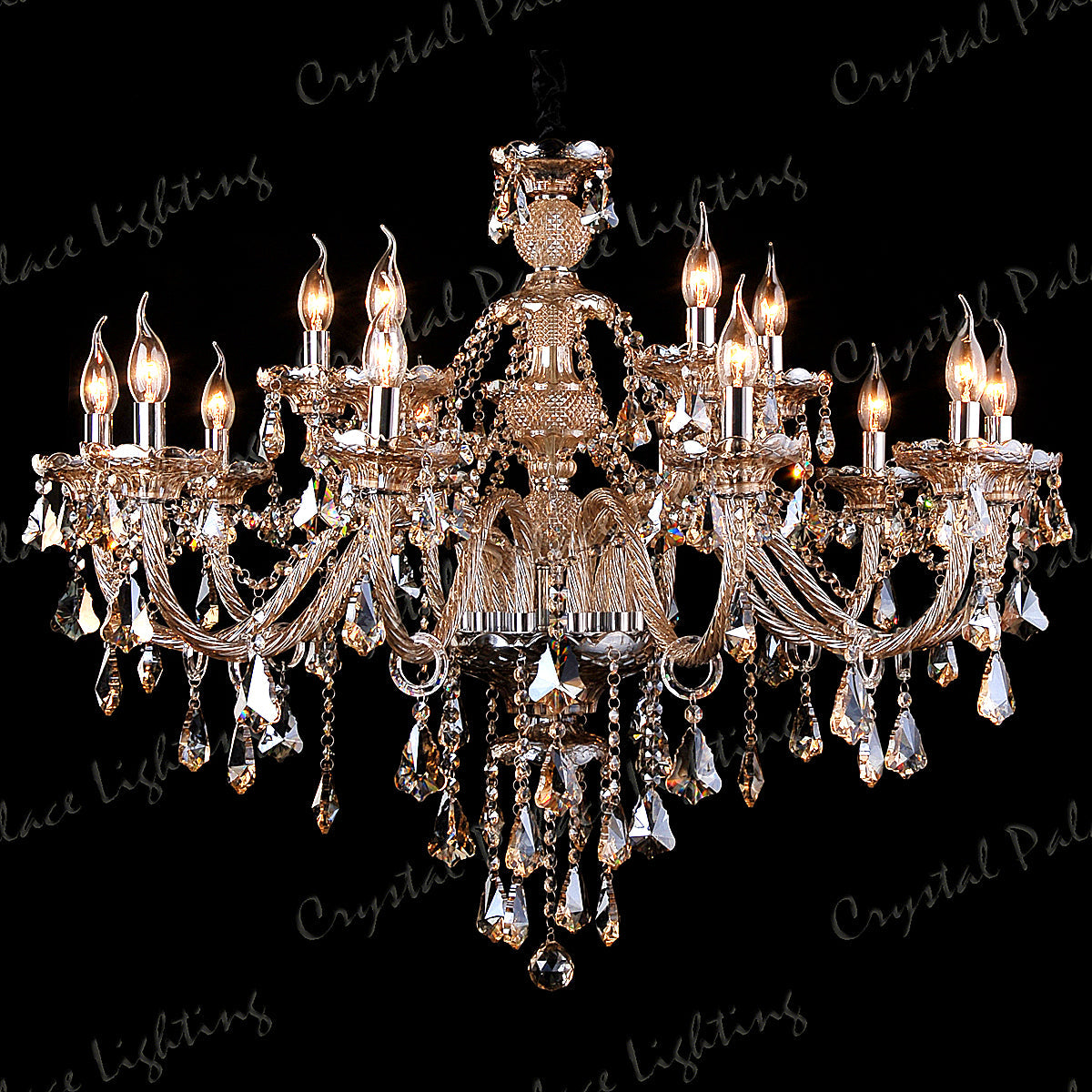 Maison Ornate K9 Crystal Champagne Chandelier with candle bulbs, ornate arms, and crystal droplets.