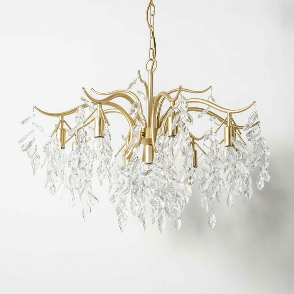 Maison Ornate 8-Arm Gold Crystal Chandelier with curved arms, raindrop pendants, E12 sockets, fine detailing.