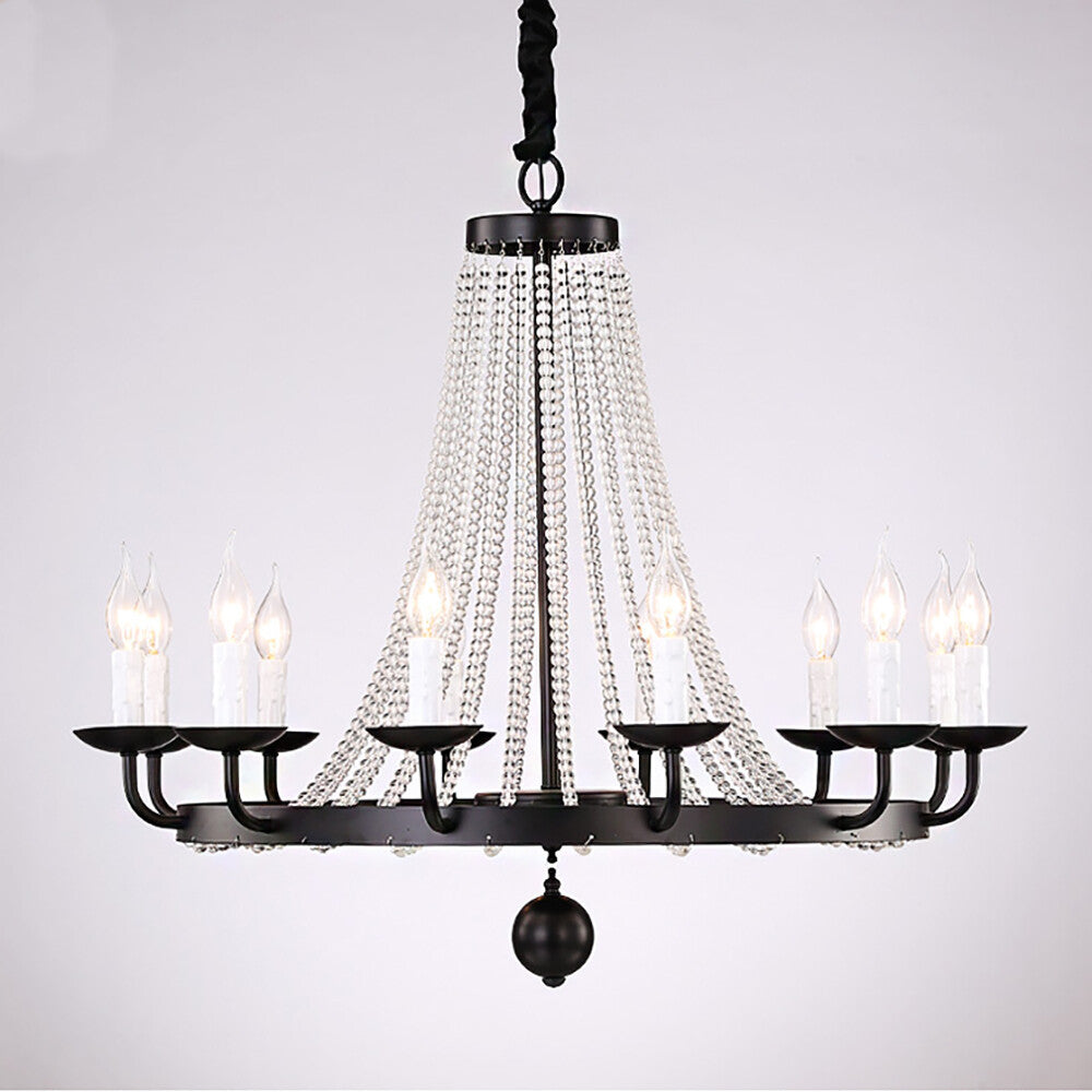Black metal chandelier with eight candle bulbs and draped K9 crystal beads, modern elegance.