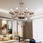 Maison Ornate 8-arm crystal chandelier with glass elements, adjustable chain, and candle-style lights.