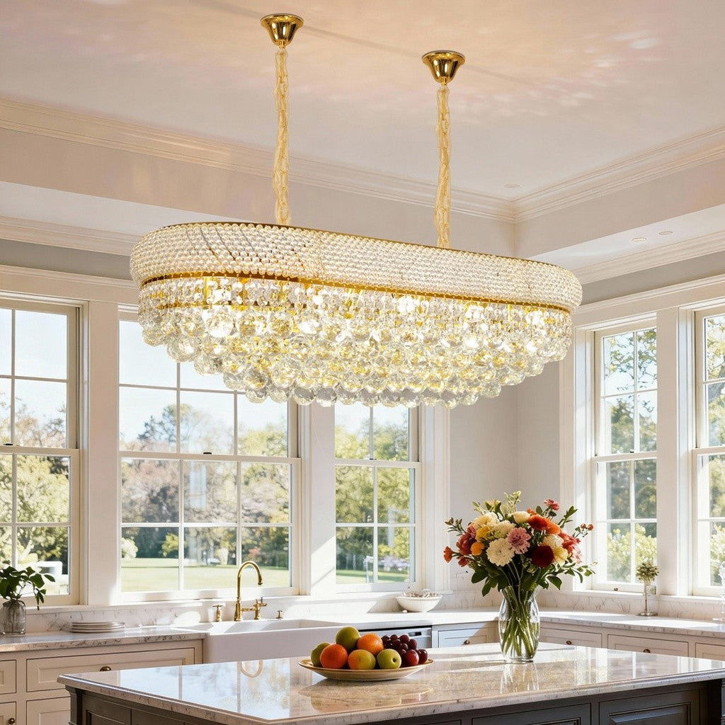 Elegant Empire style gold and crystal hallway chandelier by Maison Ornate featuring intricate details.