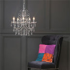 Maison Ornate Antique Crystal Chandelier with five polished chrome arms and intricate crystal detailing.