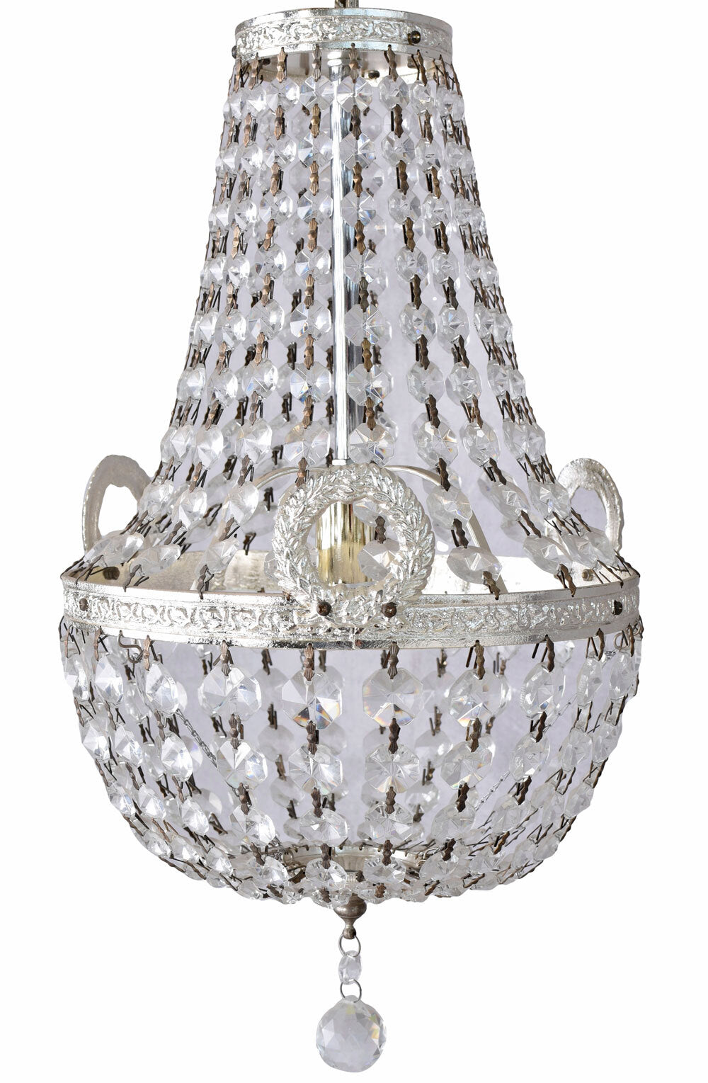 Antique-style silver chandelier with faceted crystal beads, round crystal drop, classic design; E14 bulb compatible.
