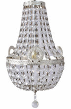 Antique-style silver chandelier with faceted crystal beads, round crystal drop, classic design; E14 bulb compatible.
