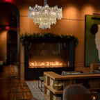 Maison Ornate Dimmable LED Industrial Crystal Chrome Metal Lustre chandelier with striking, modern crystal detailing.