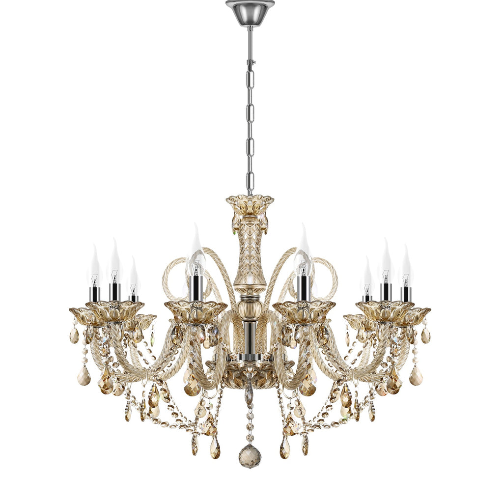 Maison 10-arm crystal chandelier with ornate gold, curved arms, crystal pendants, suspended by chain.