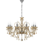 Maison 10-arm crystal chandelier with ornate gold, curved arms, crystal pendants, suspended by chain.
