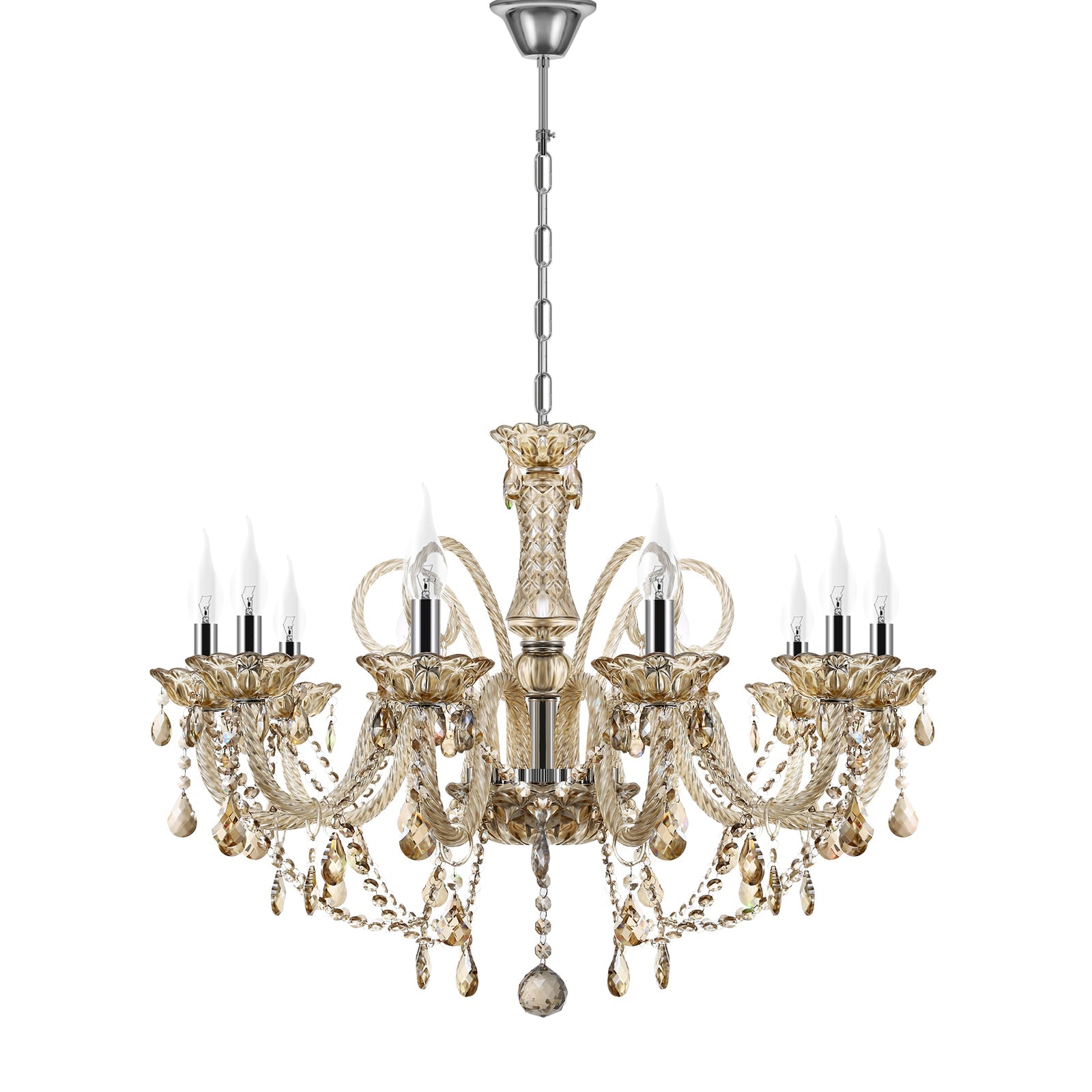 Maison 10-arm crystal chandelier with ornate gold, curved arms, crystal pendants, suspended by chain.