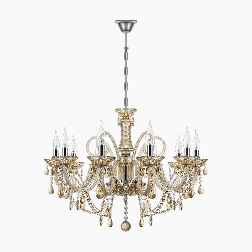 Maison Ornate Crystal Chandelier with 10 arms, intricate curves, metal frame, sparkling crystal accents.