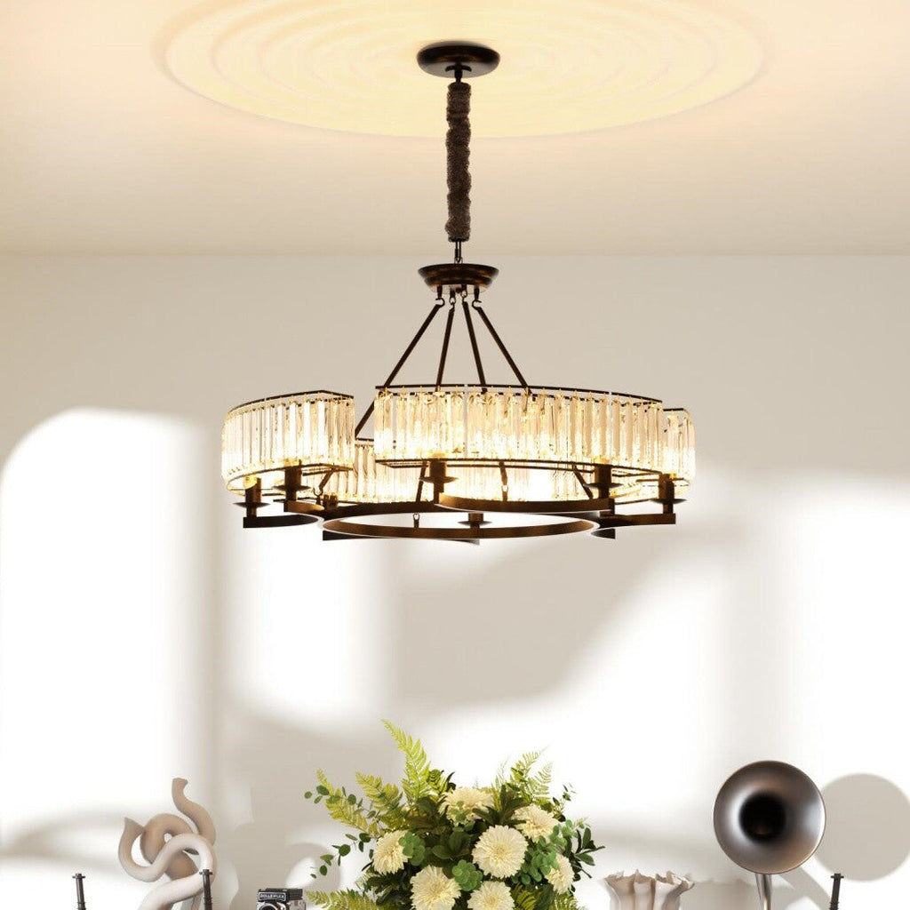 The Maison Ornate Black Metal Multi-Pendant Chandelier with crystals and warm illumination overhead.