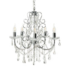 Five-arm polished chrome chandelier with candle bulbs and hanging crystal pendants on a suspended chain.