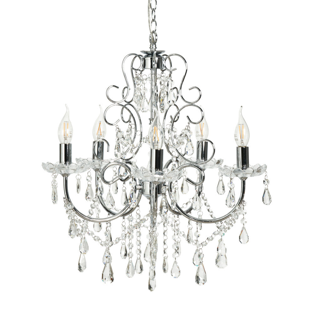 Five-arm polished chrome chandelier with candle bulbs and hanging crystal pendants on a suspended chain.