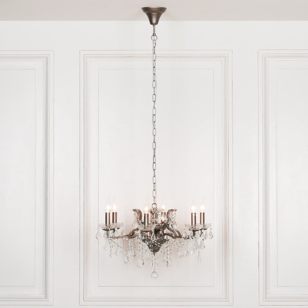 Maison Ornate French Crystal Chandelier with six silver glass arms and sparkling crystal accents.