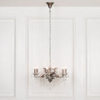 Maison Ornate French Crystal Chandelier with six silver glass arms and sparkling crystal accents.