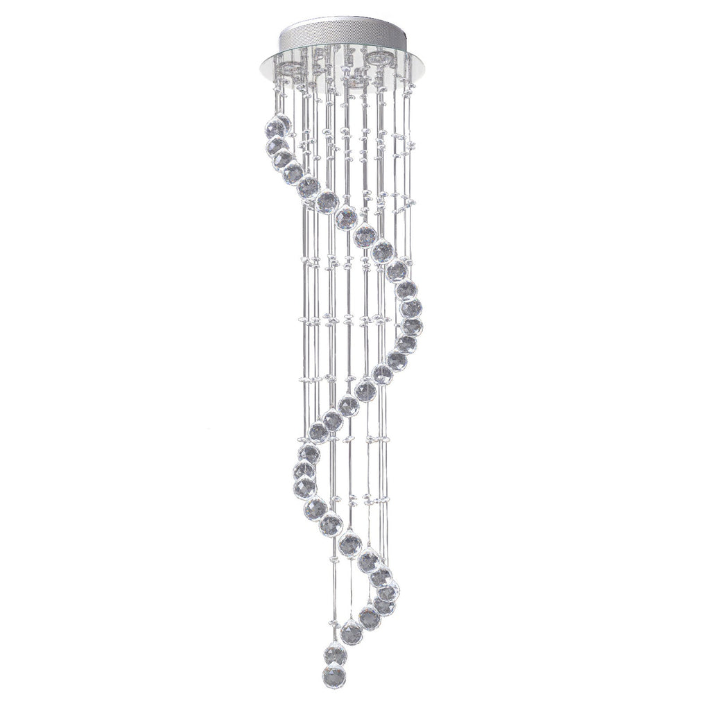 Maison Ornate Crystal Ball Chandelier with chrome spiral suspension, clear crystal balls and rods.