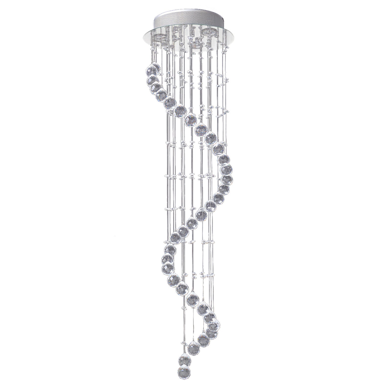 Maison Ornate Crystal Ball Chandelier with chrome spiral suspension, clear crystal balls and rods.