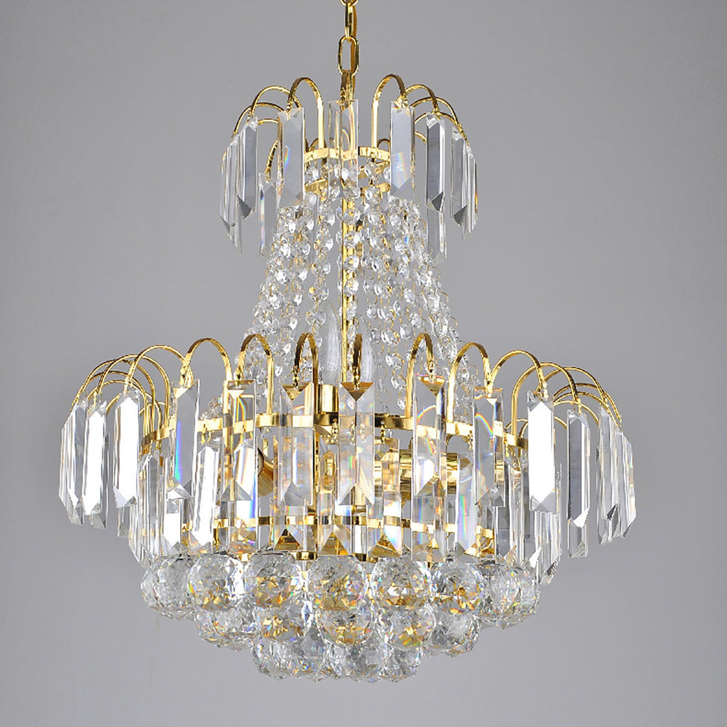 Maison Ornate 60 cm chandelier with tiered K9 crystals and beads, gold chain suspension. Modern, elegant design.