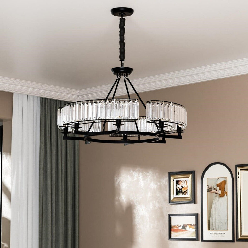 Maison Ornate black metal multi-pendant industrial chandelier with crystal accents, suspended from ceiling.