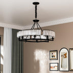 Maison Ornate black metal multi-pendant industrial chandelier with crystal accents, suspended from ceiling.