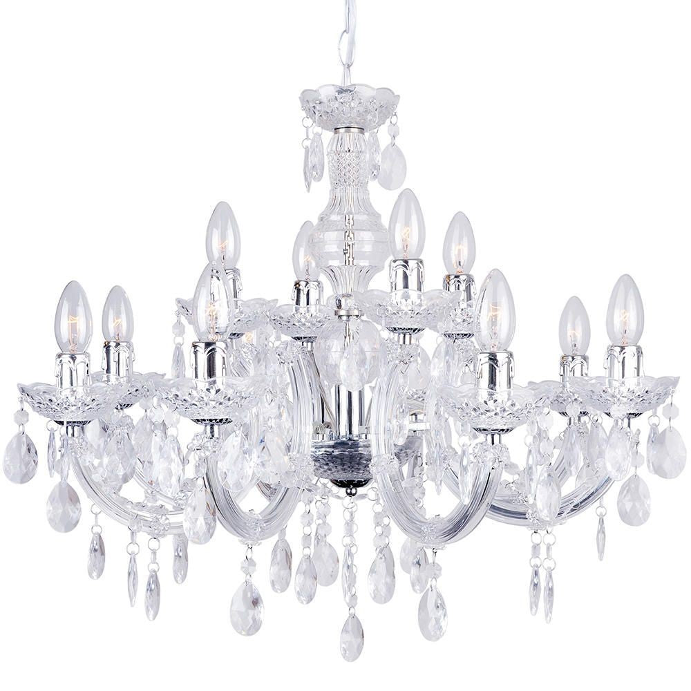 Ornate Art Deco chandelier with twelve candle bulbs, chrome arms, and acrylic pendants on a chain.
