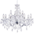 Ornate Art Deco chandelier with twelve candle bulbs, chrome arms, and acrylic pendants on a chain.