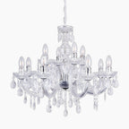 Maison Ornate Art Deco chandelier with twelve candle lights, chrome arms, and acrylic pendants.