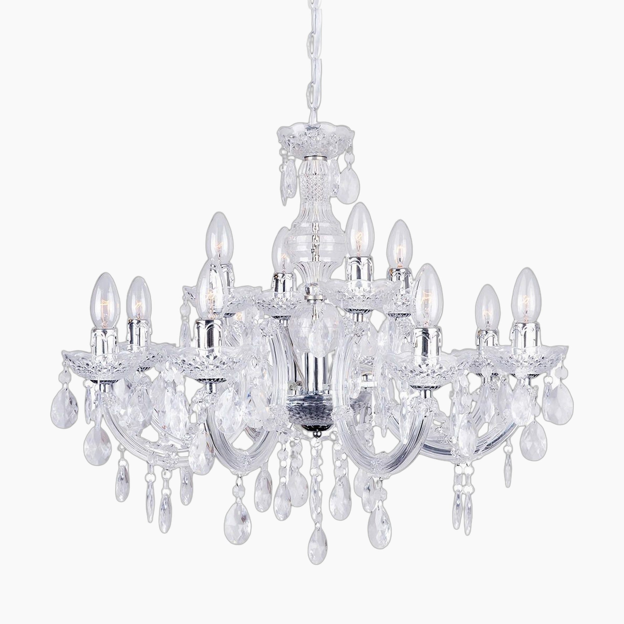 Maison Ornate Art Deco chandelier with twelve candle lights, chrome arms, and acrylic pendants.
