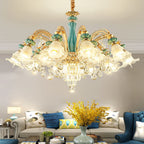 Maison Ornate Art Deco chandelier with gold metal and blue ceramic, featuring sparkling crystal accents.