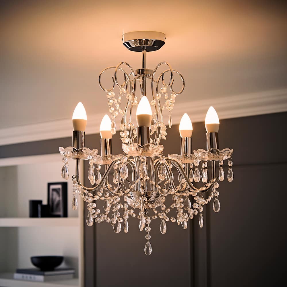 Maison Ornate Chrome Crystal Chandelier with five candle lights, K5 glass, and hanging droplets.
