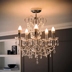 Maison Ornate Chrome Crystal Chandelier with five candle lights, K5 glass, and hanging droplets.