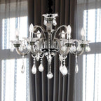 Maison Ornate Crystal Chandelier in chrome with six E14 bulbs and elegant hanging crystal pendants.