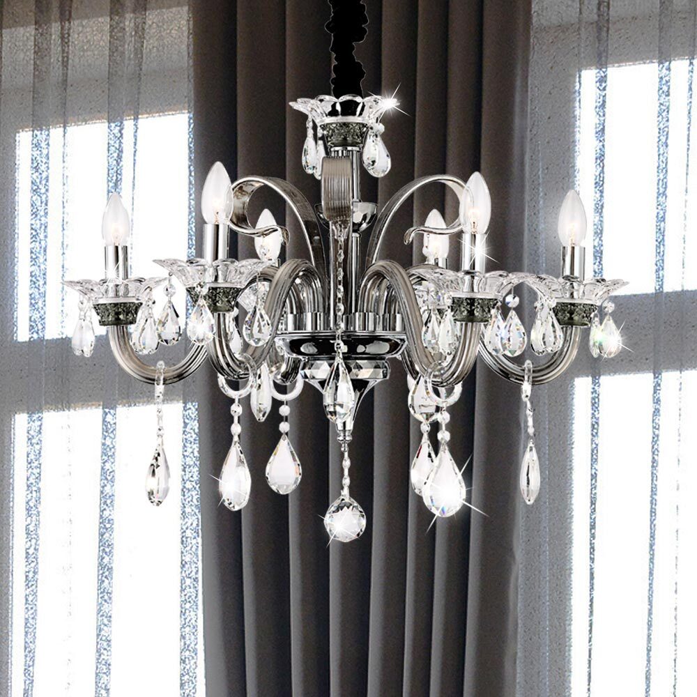 Maison Ornate Crystal Chandelier in chrome with six E14 bulbs and elegant hanging crystal pendants.