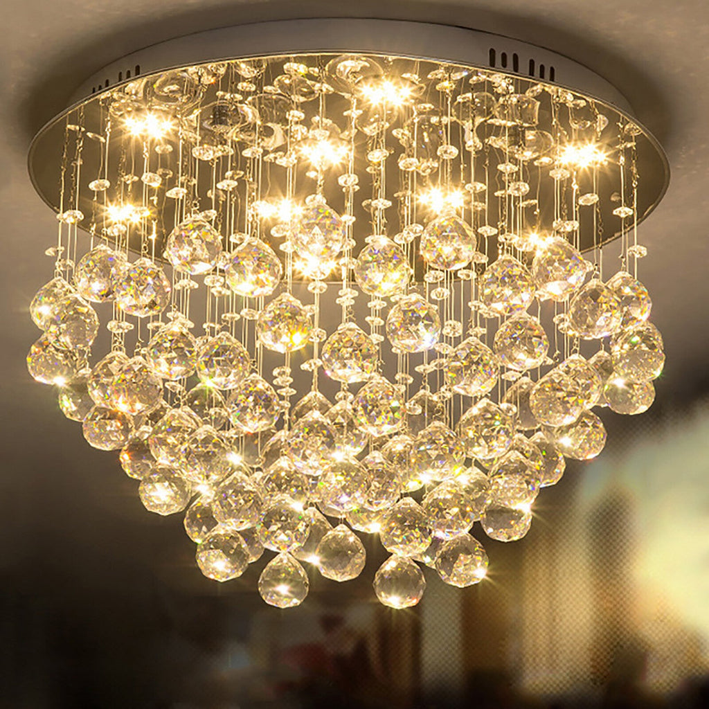 Maison Ornate Round LED Chandelier with 9 K9 crystal balls and beads, sparkling elegant design.