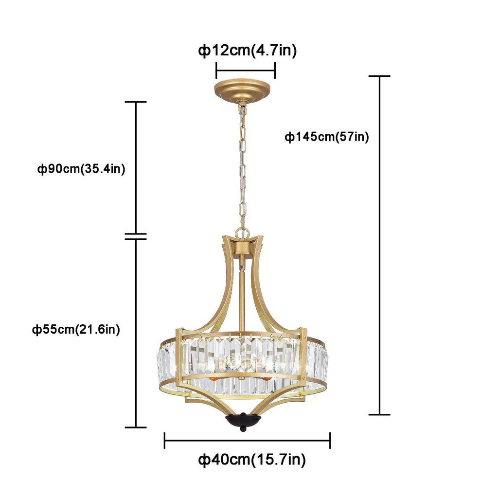 Elegant five-light glass crystal chandelier with 12cm ceiling plate and adjustable 90cm chain, total height 145cm.
