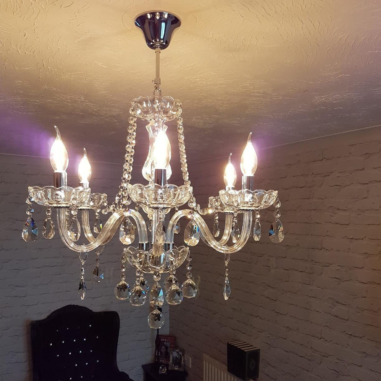 Maison Ornate Crystal Chandelier with chrome frame, K9 beads, six bulbs, and patterned ceiling mount.