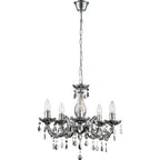 Chrome-finished chandelier with five lights, ornate arms, crystal pendants, and chain suspension.