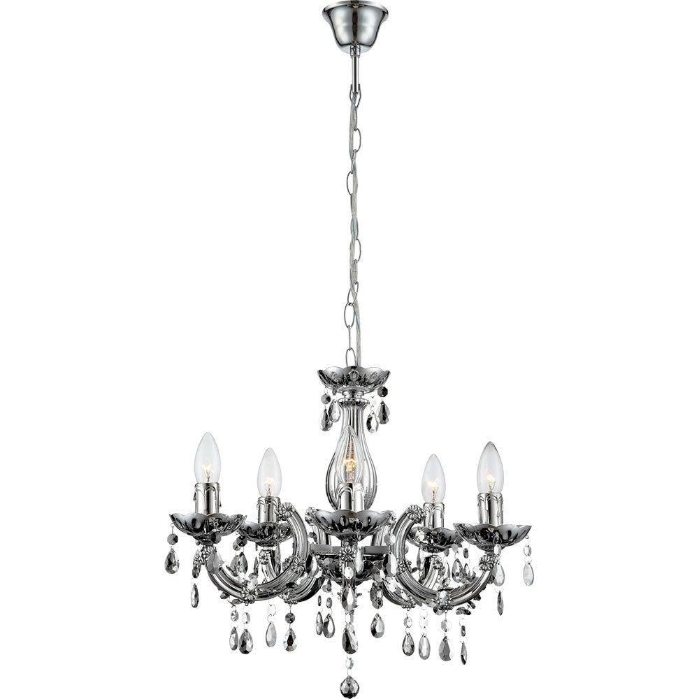 Chrome-finished chandelier with five lights, ornate arms, crystal pendants, and chain suspension.