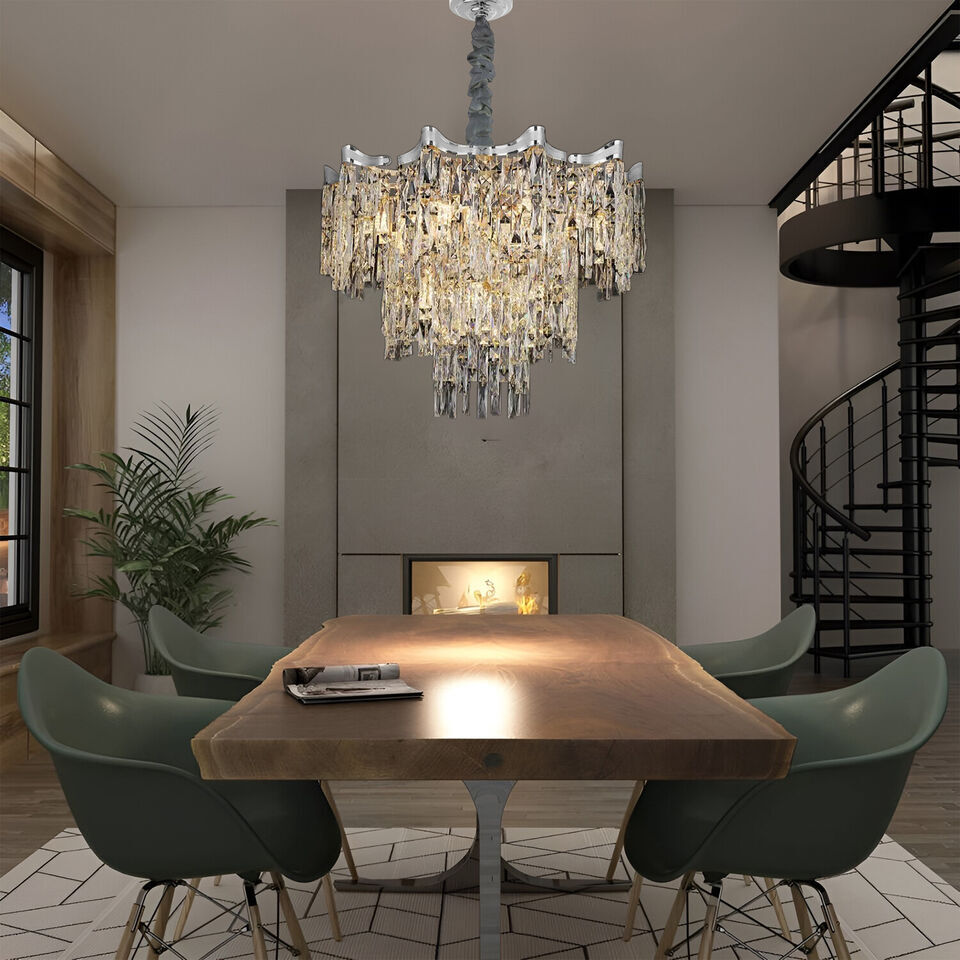 Maison Ornate’s Dimmable LED Industrial Crystal Chrome Metal Lustre chandelier with sparkling crystal accents.