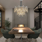 Maison Ornate’s Dimmable LED Industrial Crystal Chrome Metal Lustre chandelier with sparkling crystal accents.