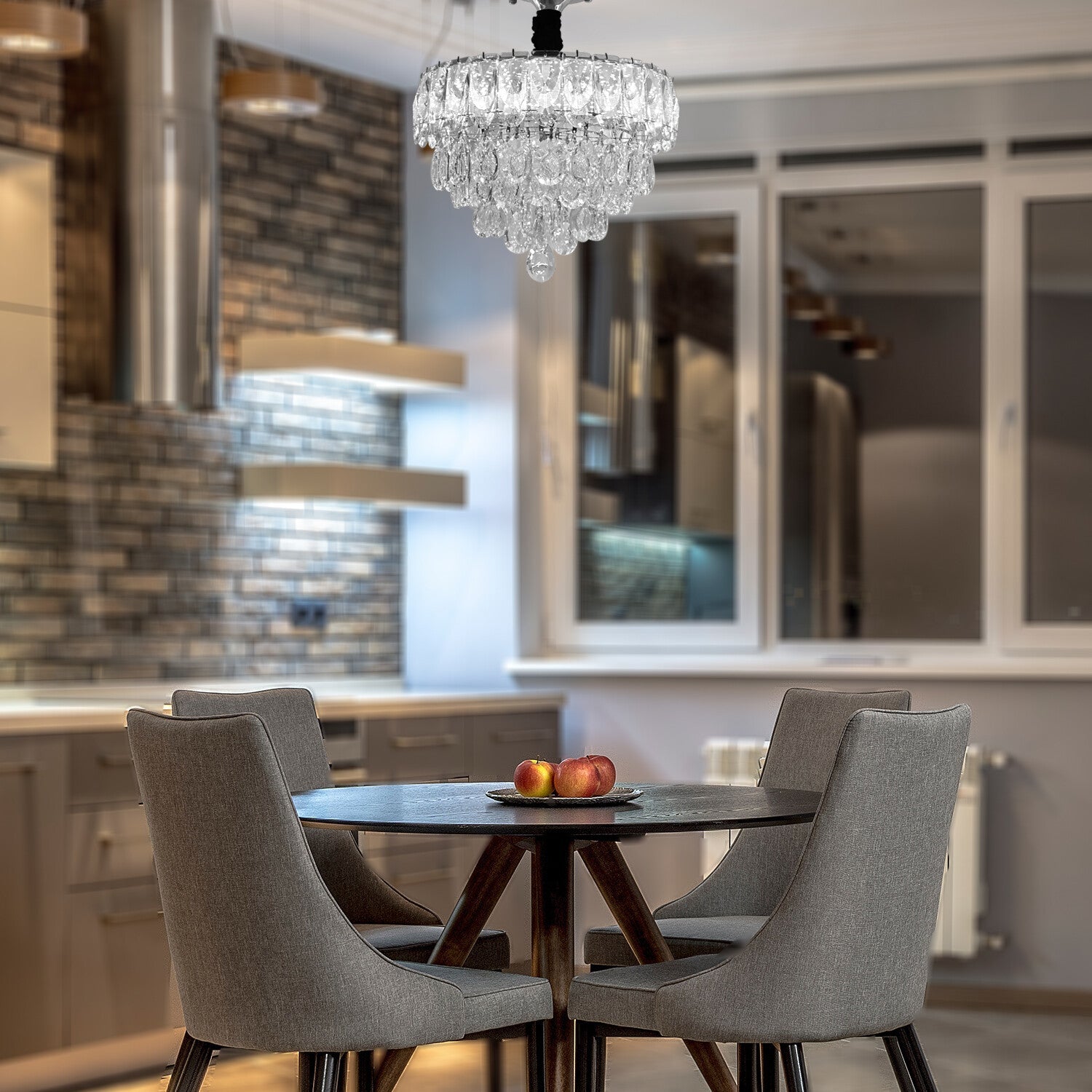 Maison Ornate Chrome Crystal Industrial Chandelier sparkles overhead, showcasing intricate detailing and luxurious crystal design.