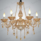 Maison Ornate Elegant K9 Crystal Gold Chandelier with glass arms and teardrop pendants, E14 candle lights.