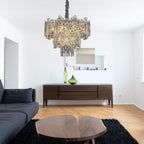 Maison Ornate Dimmable LED Industrial Crystal Chrome Metal Lustre chandelier, featuring elegant crystal accents.