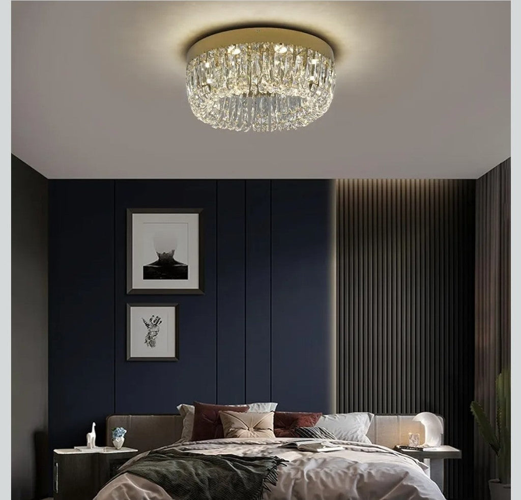 Maison Ornate Modern Gold LED Crystal Hallway Ceiling Light, elegant chandelier with sparkling crystal accents.
