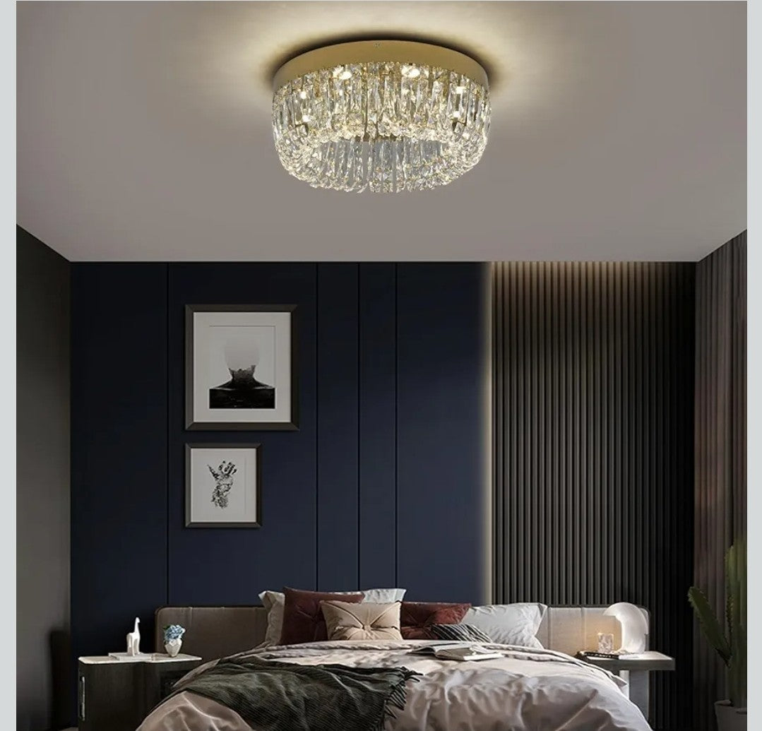 Maison Ornate Modern Gold LED Crystal Hallway Ceiling Light, elegant chandelier with sparkling crystal accents.