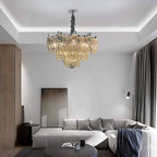 Maison Ornate’s Dimmable LED Industrial Crystal Chrome Metal Lustre chandelier with sparkling crystal accents.