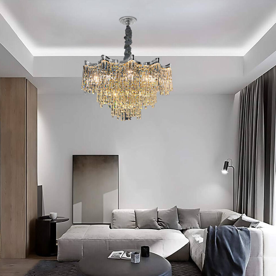 Maison Ornate’s Dimmable LED Industrial Crystal Chrome Metal Lustre chandelier with sparkling crystal accents.