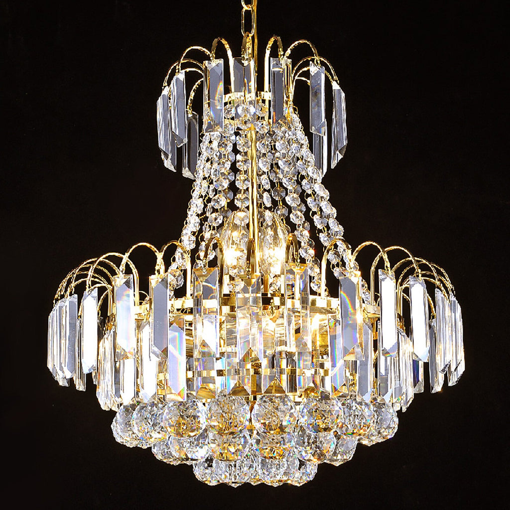 Modern gold and steel chandelier with multiple sparkling crystal tiers and clear prisms, elegant design.