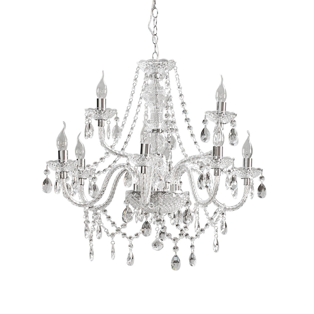 Chrome classic chandelier with eight candle lights, ornate glass arms, and hanging crystal pendants.