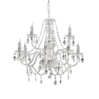 Chrome classic chandelier with eight candle lights, ornate glass arms, and hanging crystal pendants.